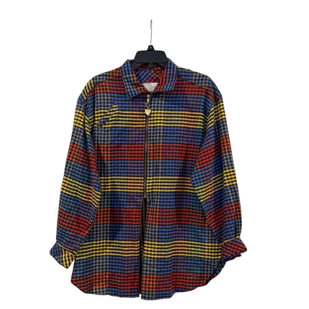 Vtg. Platinum By Dorothy Schoelen Gingham Plaid Retro Gold Heart Zipper Blouse L